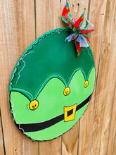 Load image into Gallery viewer, Christmas door hanger, door hanger, round door hanger, elf, holiday sign, holiday door hanger, elf sign
