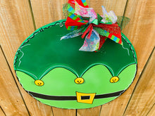 Load image into Gallery viewer, Christmas door hanger, door hanger, round door hanger, elf, holiday sign, holiday door hanger, elf sign
