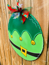 Load image into Gallery viewer, Christmas door hanger, door hanger, round door hanger, elf, holiday sign, holiday door hanger, elf sign
