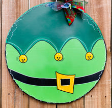 Load image into Gallery viewer, Christmas door hanger, door hanger, round door hanger, elf, holiday sign, holiday door hanger, elf sign
