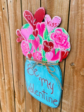 Load image into Gallery viewer, Valentine mason jar, Valentine&#39;s front door decor, door hanger, valentine&#39;s day door hanger, valentines door hanger, valentines gift
