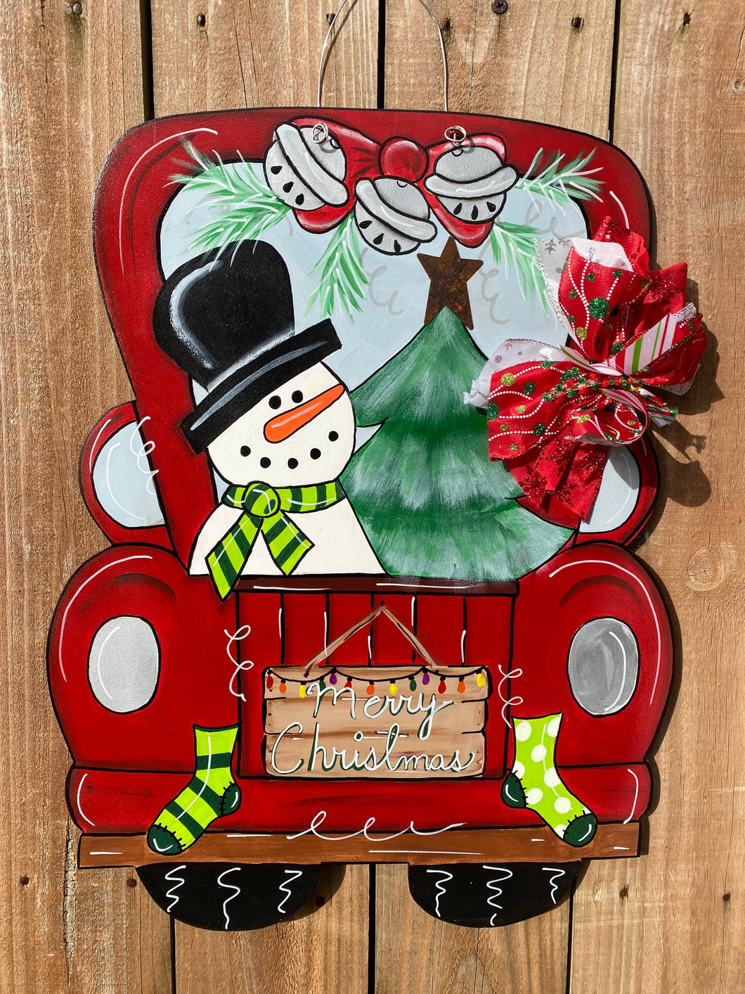 Snowman decor, Christmas door hanger, winter door hanger, gift for mom, truck door hanger, Christmas tree, red truck decor