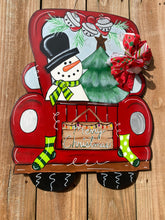 Load image into Gallery viewer, Snowman decor, Christmas door hanger, winter door hanger, gift for mom, truck door hanger, Christmas tree, red truck decor

